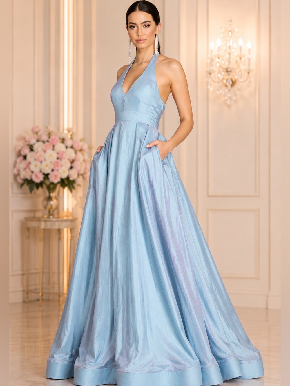 Shimmering Blue Fitted Bodice Halter Top Cinderella Dress Floor Length Gown S11J
